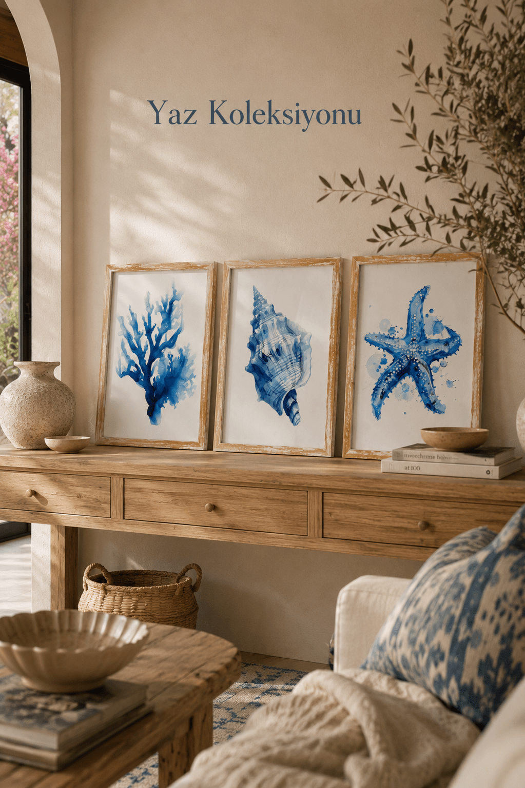 3’lü 21x30 A4 Yaz Kolleksiyonu | Beyaz Eskitme Masif Ahşap Çerçeve Seti | Deniz Temalı Poster - FlorenziArt