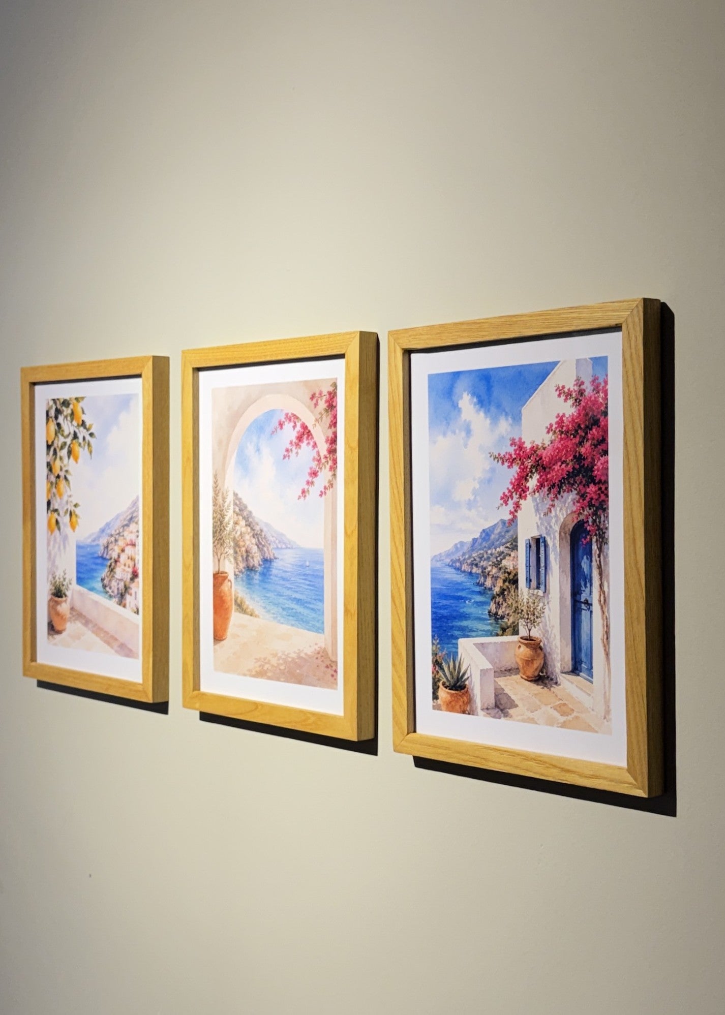 3’lü 21x30 A4 Akdeniz Kolleksiyonu | Naturel Masif Meşe Çerçeve Seti | Akdeniz Temalı Poster