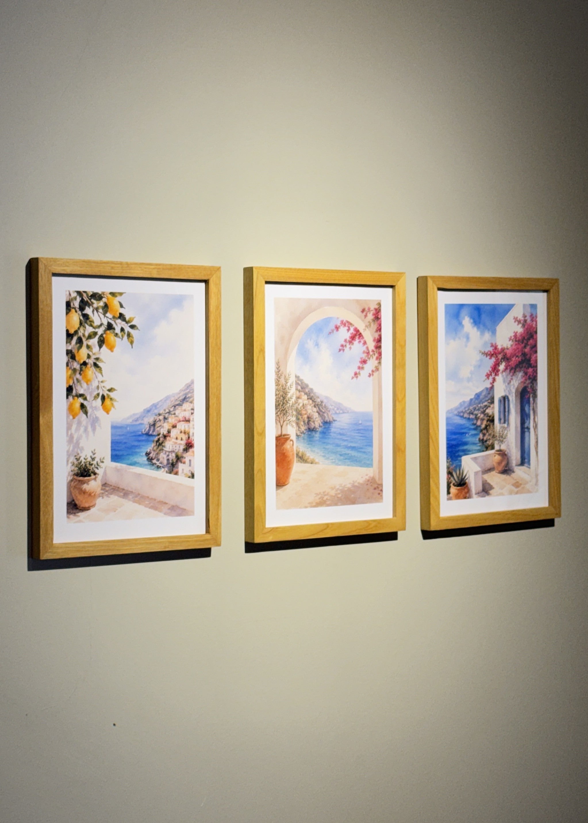 3’lü 21x30 A4 Akdeniz Kolleksiyonu | Naturel Masif Meşe Çerçeve Seti | Akdeniz Temalı Poster