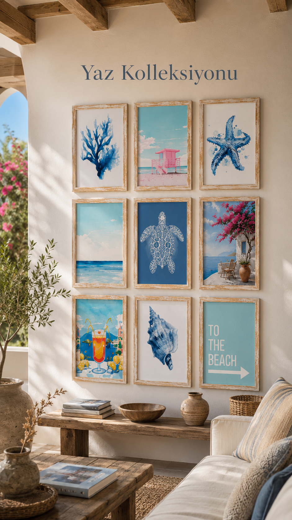 3’lü 21x30 A4 Yaz Kolleksiyonu | Beyaz Eskitme Masif Ahşap Çerçeve Seti | Deniz Temalı Poster