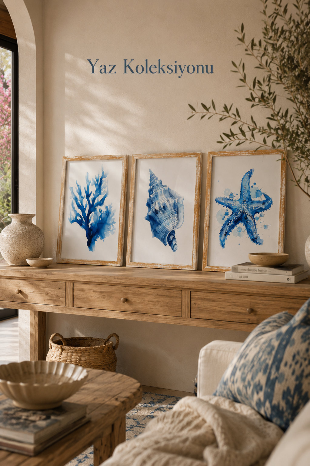 3’lü 21x30 A4 Yaz Kolleksiyonu | Beyaz Eskitme Masif Ahşap Çerçeve Seti | Deniz Temalı Poster