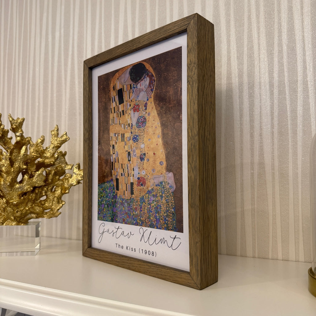 A4 Derin 4 cm Masif Meşe Ahşap Çerçeve – Grey Mist | Klimt “The Kiss” Sanat Baskısı Dahil | İskandinav Duvar Sanatı - FlorenziArt